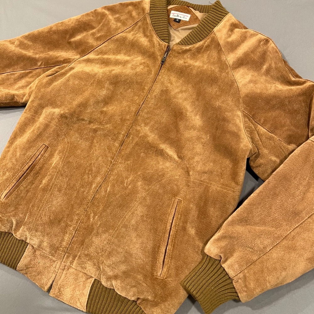 Talbots Vintage Tan Genuine Suede Leather Bomber Jacket Size Medium Raglan Zip